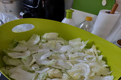 Chinese cabbage, sprinkled with salt, in a large bowl.