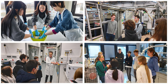 Es werden 4 Szenen an der BCI gezeigt. Die erste Szene zeigt 3 Schülerinnen im Kimchi Workshop, die mit den Händen in einer Schüssel Chinakohl mit Gewürzpaste bestreichen. Die 3 übrigen Szenen zeihgen Gruppen von Schüler:innen , die in verschiedenen BCI Laboren stehen und von Mitarbeiter:innen Erläuterungen zu den gezeigten Apparaturen erhalten.