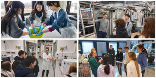 Four scenes are shown at the BCI. The first scene shows 3 students in the kimchi workshop spreading Chinese cabbage with spice paste in a bowl with their hands. The 3 remaining scenes show groups of students standing in various BCI laboratories and receiving explanations from employees about the shown equipment.