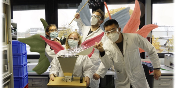 Lustiges Bild von 4 Studierende in Pose, denen Feenflügel und Zauberstäbe über Bildbearbeitung zugefügt wurden.