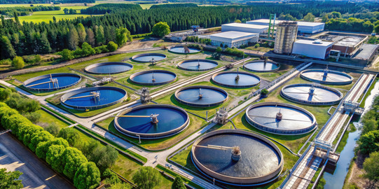 Aerial view of a modern wastewater treatment plant with several large, round basins for water treatment. The basins are arranged in rows and equipped with rotating booms that help to purify the water. The plant is surrounded by green trees and meadows, with a dense forest in the background. Buildings and silos, which are part of the plant's infrastructure, can be seen in the upper part of the picture.